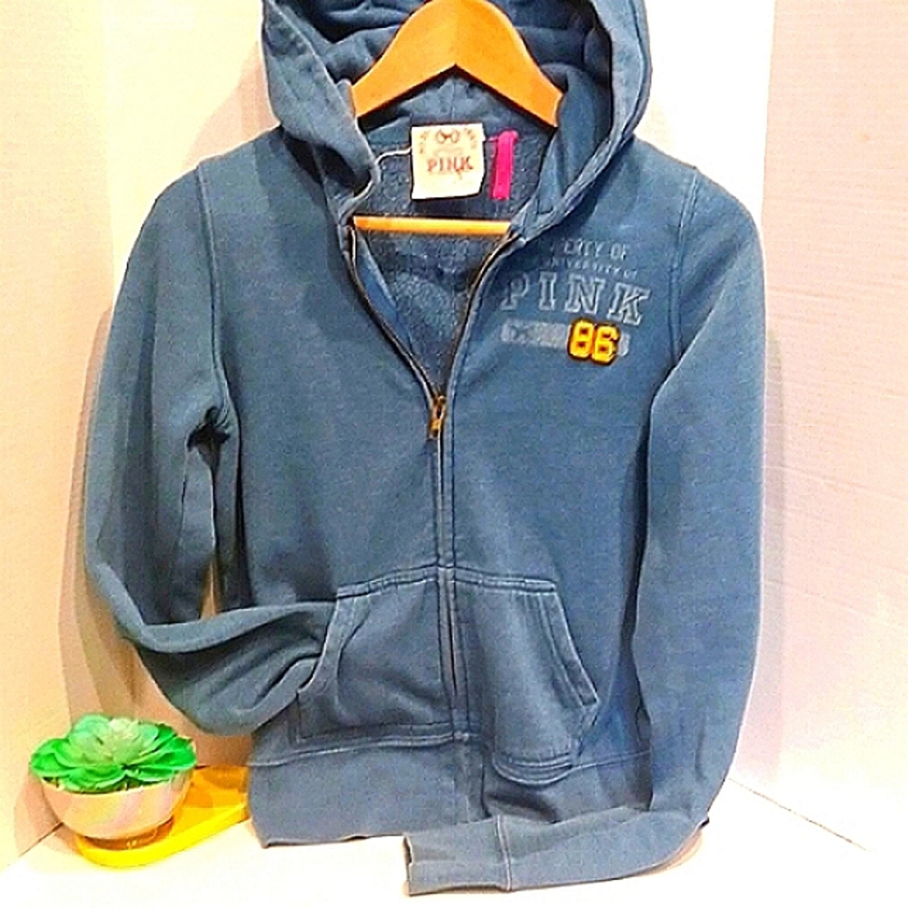 PINK Victoria's Secret VS '86 Blue Zip-Up Hoodie Size Small Retro Throwb…